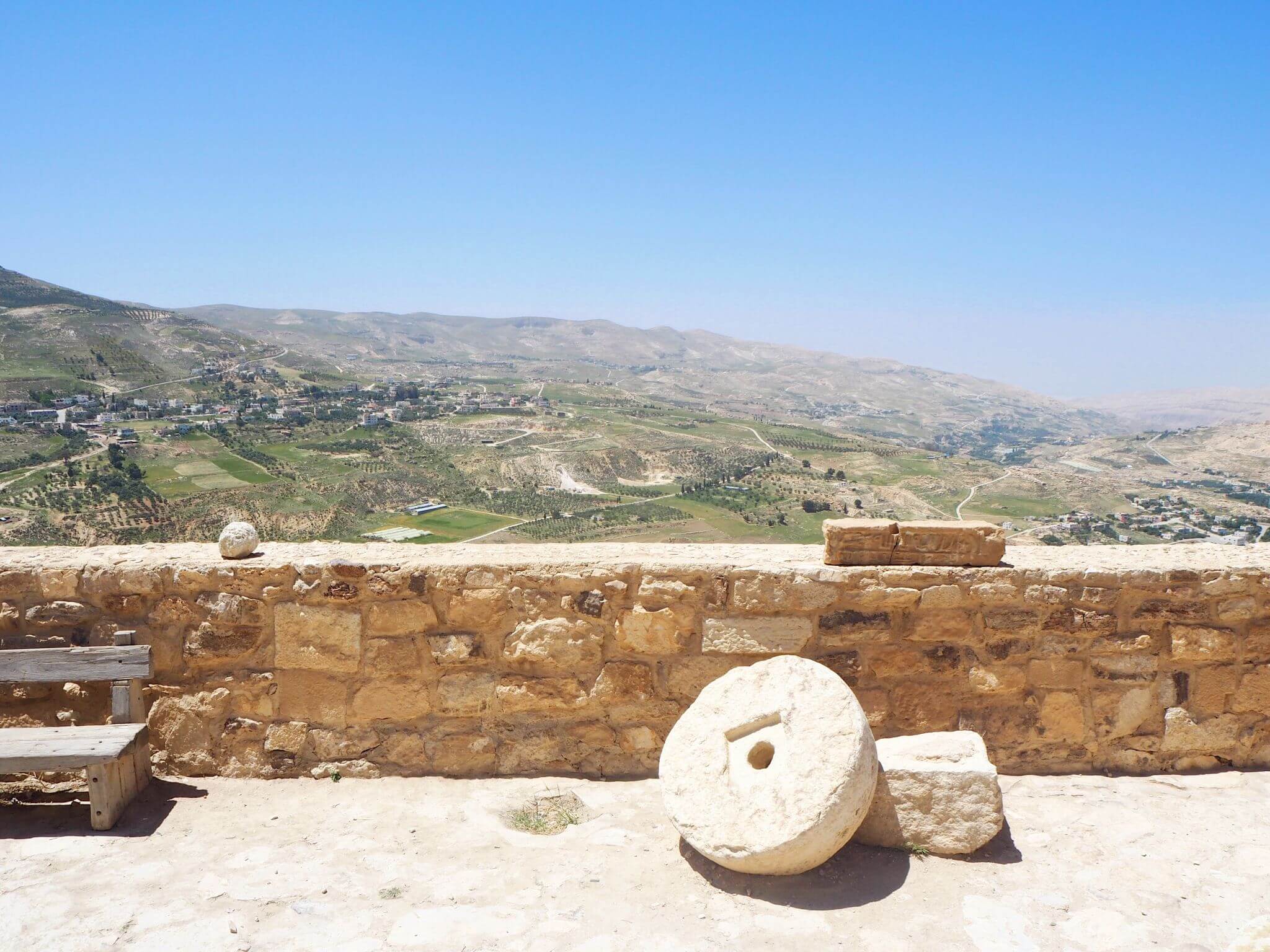 view from the castle walls over the hillside in Karak castle.