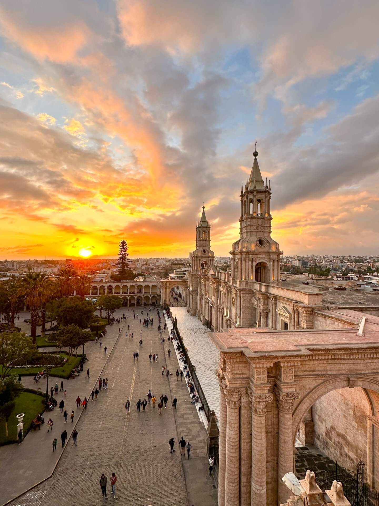 Image of orange and yellow sunset over basilica catherdral of Arequipa 