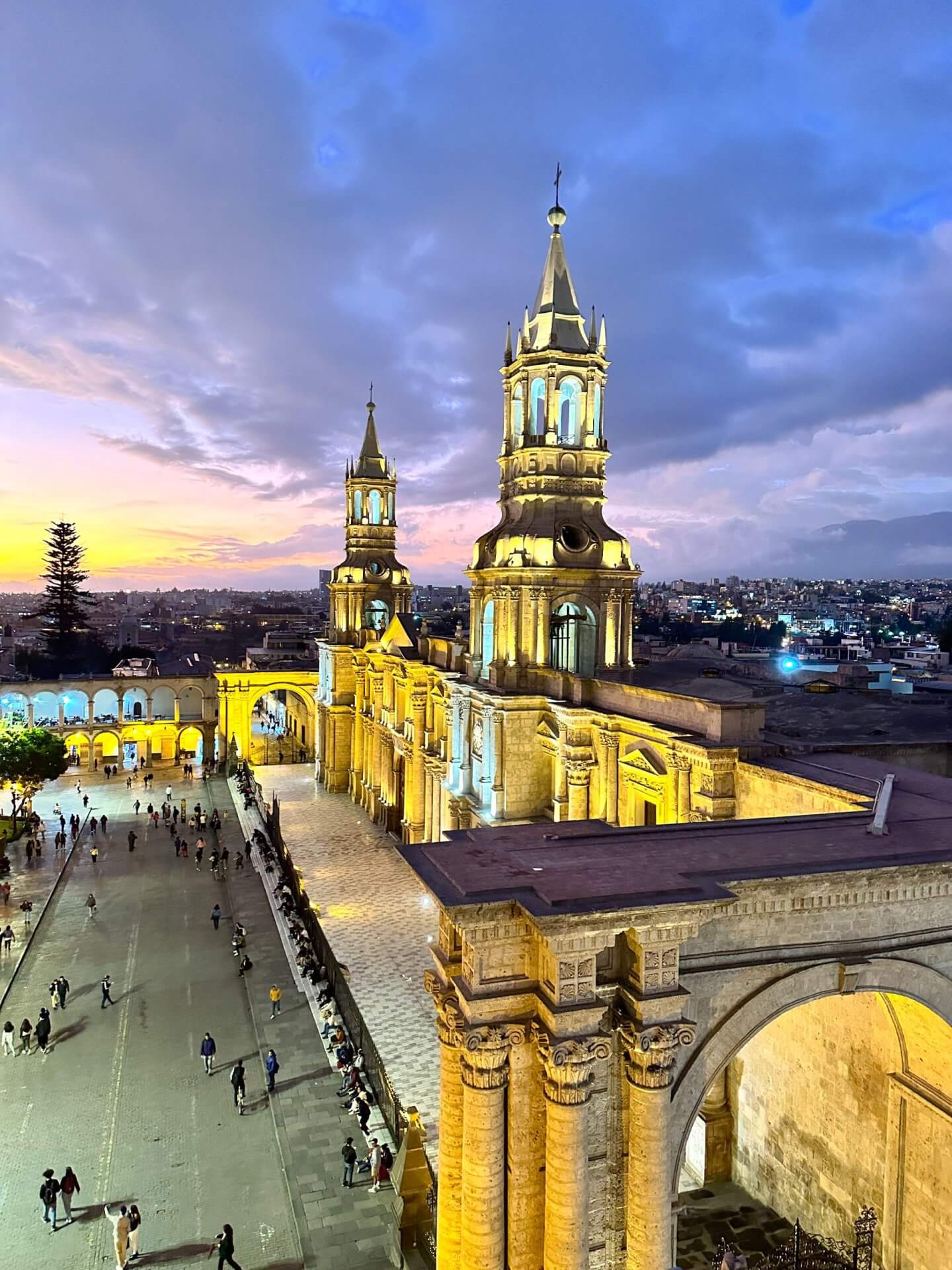 Image of orange and purple sunset over basilica catherdral of Arequipa 