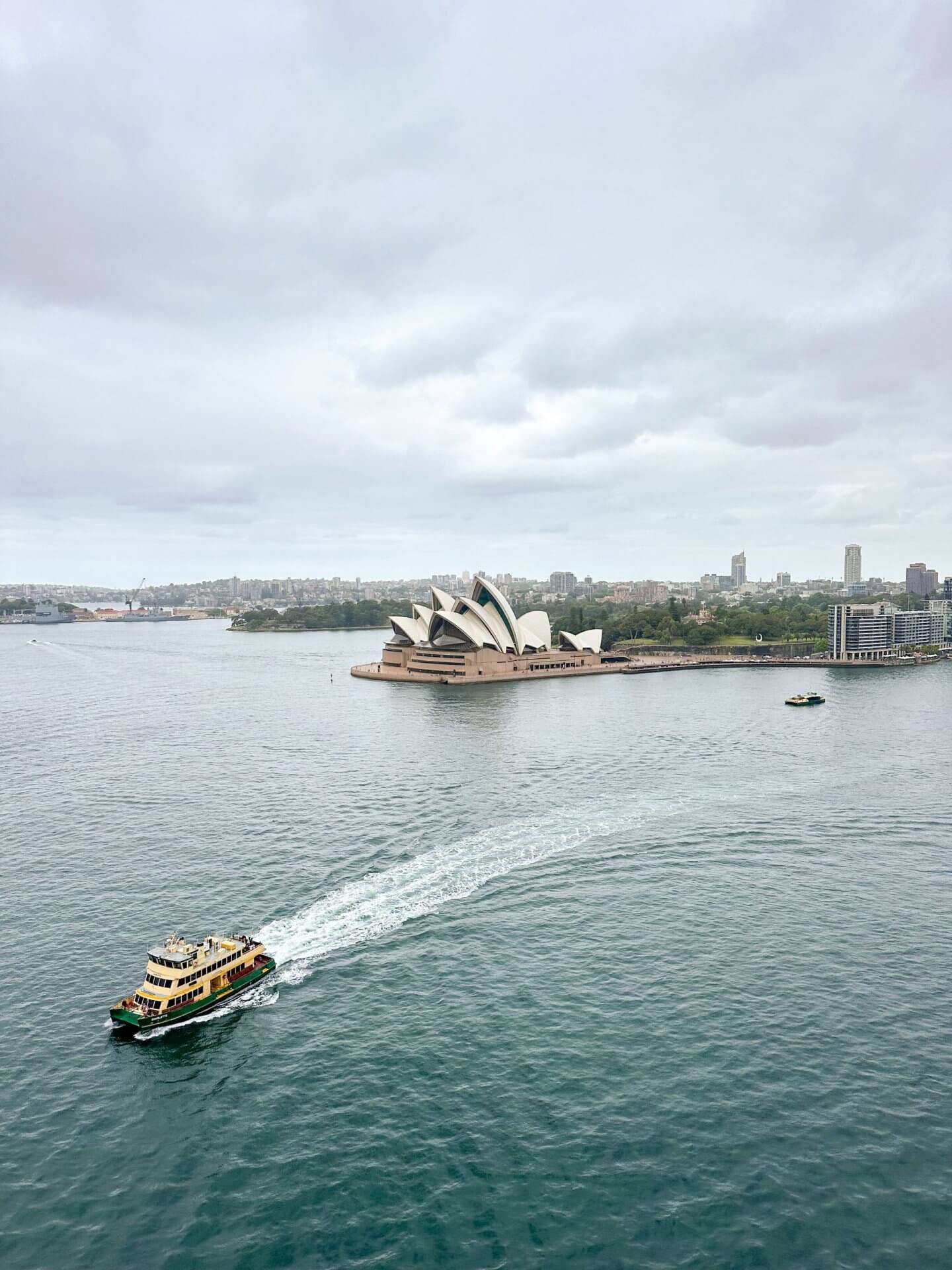 Image of the view of Sydney Harbour with a ferry crossing in front from Sydney Harbour Bridge - free fun things in Sydney