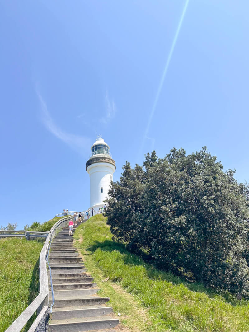 The Cape Byron Lighthouse against a blue sky