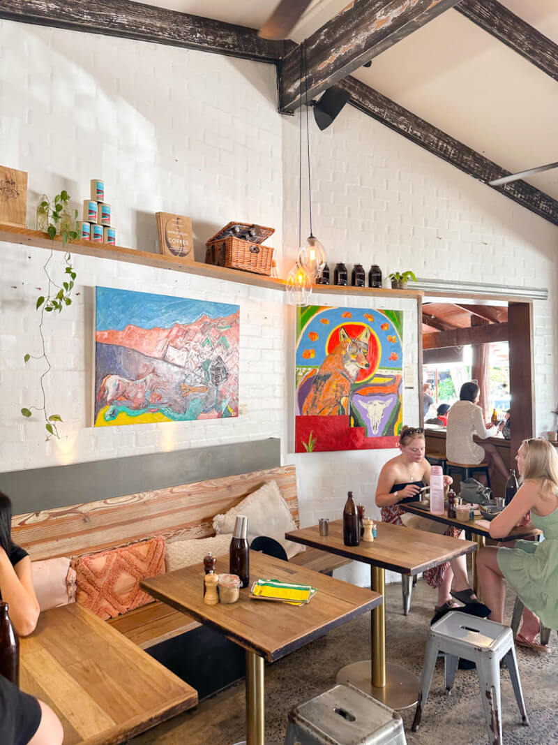 The brightly coloured interior of Bayleaf Cafe in Byron Bay