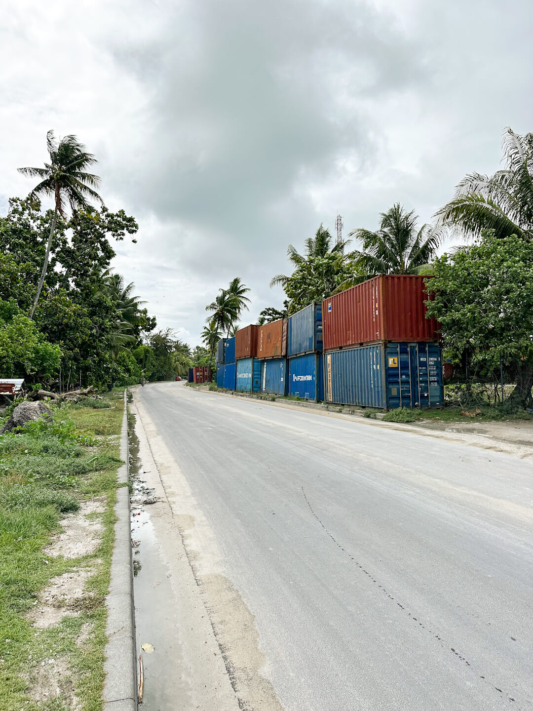 image of shipping containers on the side of a road lined with palm trees in Betio, Kiribati