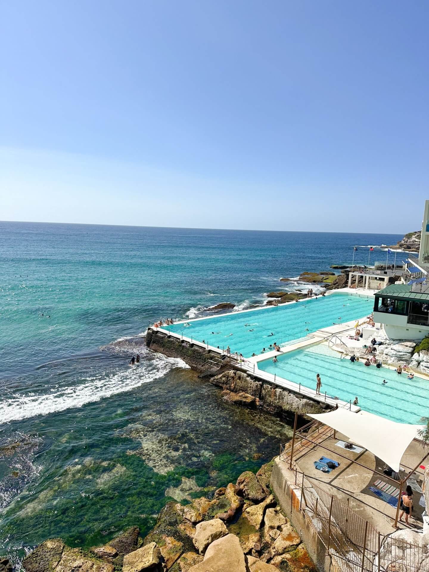 image of Bondi Icebergs with a blue sky and waves crashing over the cliffs