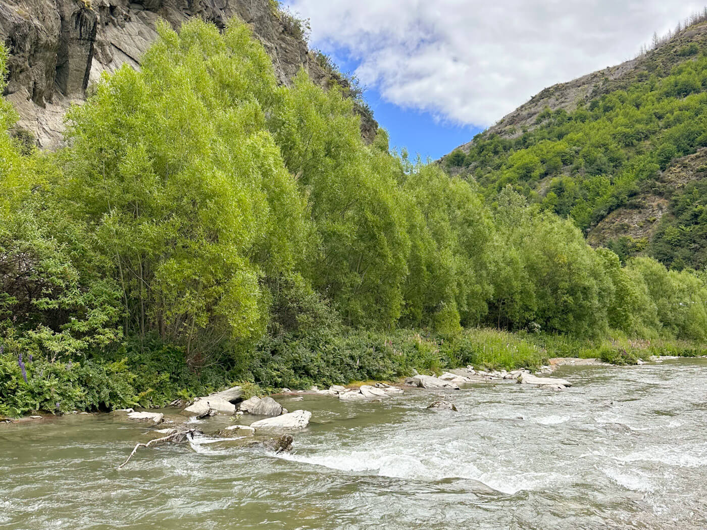 A view of the clear, rushing waters of the Arrow River in Arrowtown, New Zealand, surrounded by lush green trees and rocky cliffs. This site is one of the iconic Lord of the Rings Filming Locations, used for the Ford of Bruinen