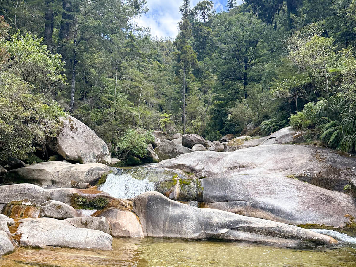 A small waterfall cascading over large granite boulders into the natural swimming hole known as Cleopatras Pool, surrounded by lush native bush in Abel Tasman National Park.