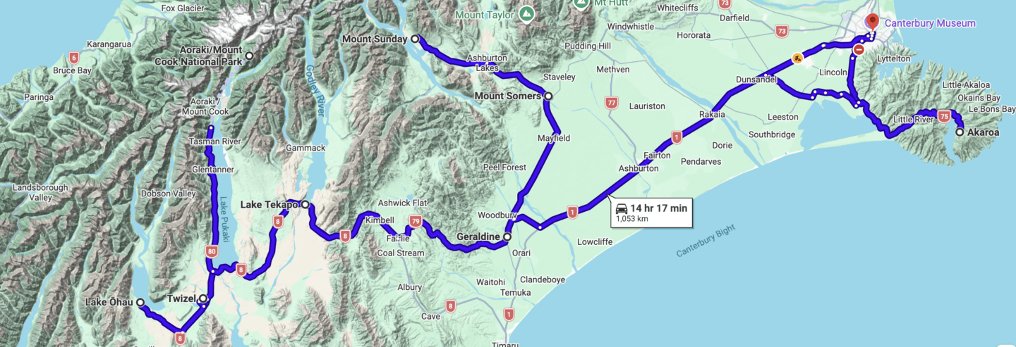 Map showing the 7-day campervan road trip route from Christchurch to Mount Cook and surrounding South Island areas.
