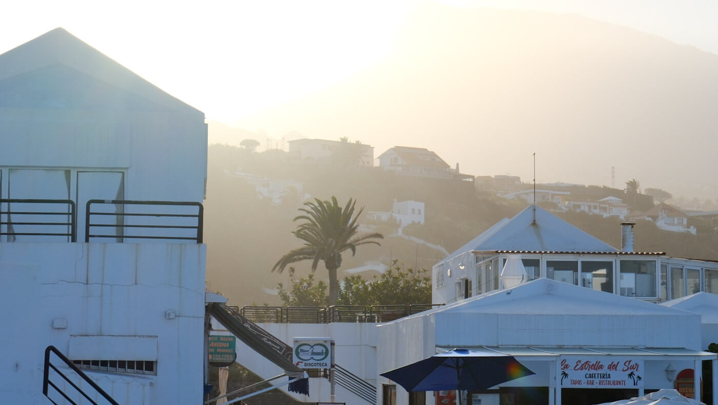 Whitewashed coastal buildings and a lone palm tree bathed in soft afternoon sunlight at the resort town of Los Cancajos, a relaxing seaside stop for things to do in La Palma.