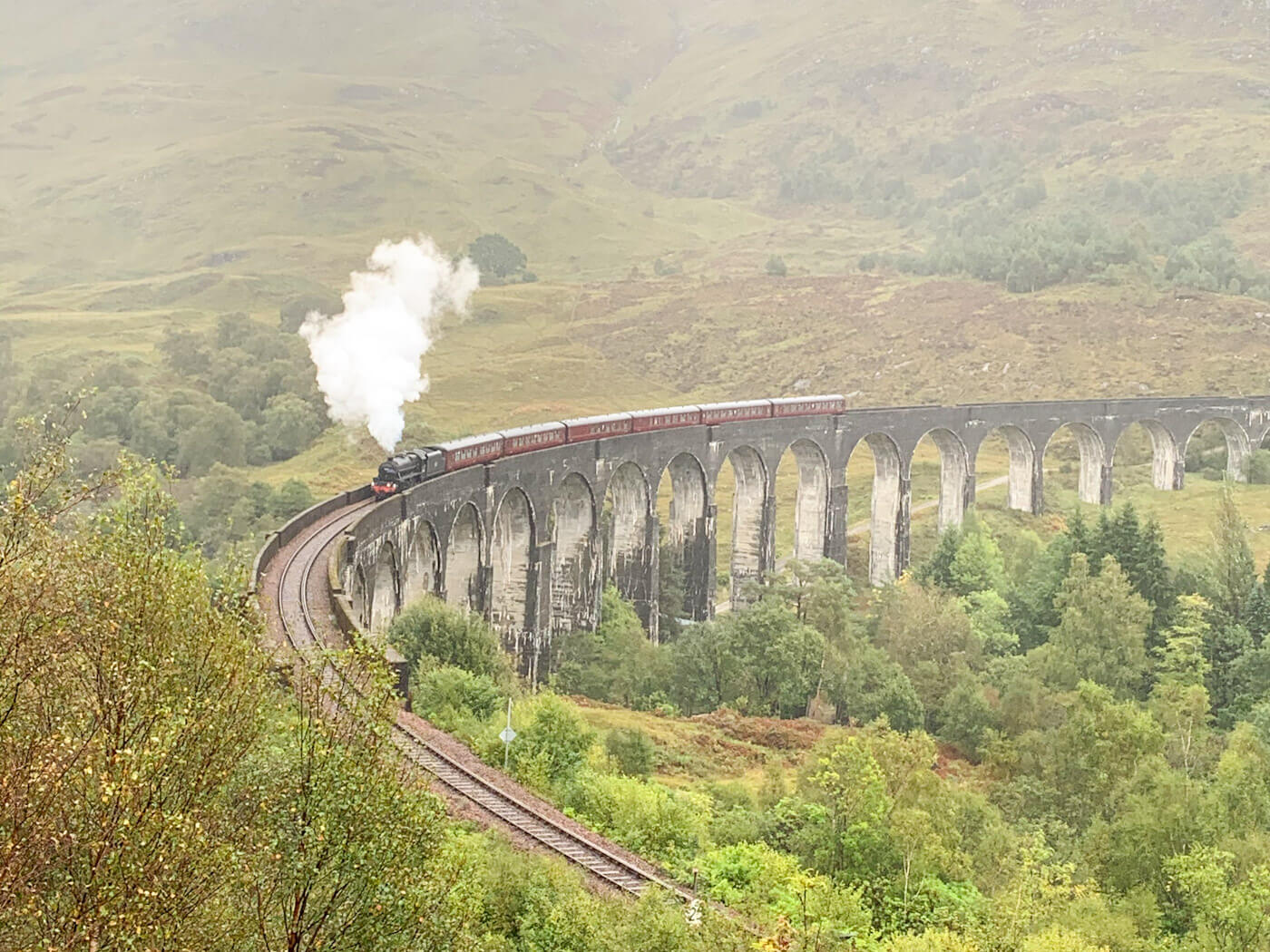 The Jacobite steam train crossing the Glenfinnan Viaduct in Scotland, viewed from the scenic hillside viewpoint with rolling green hills in the background.