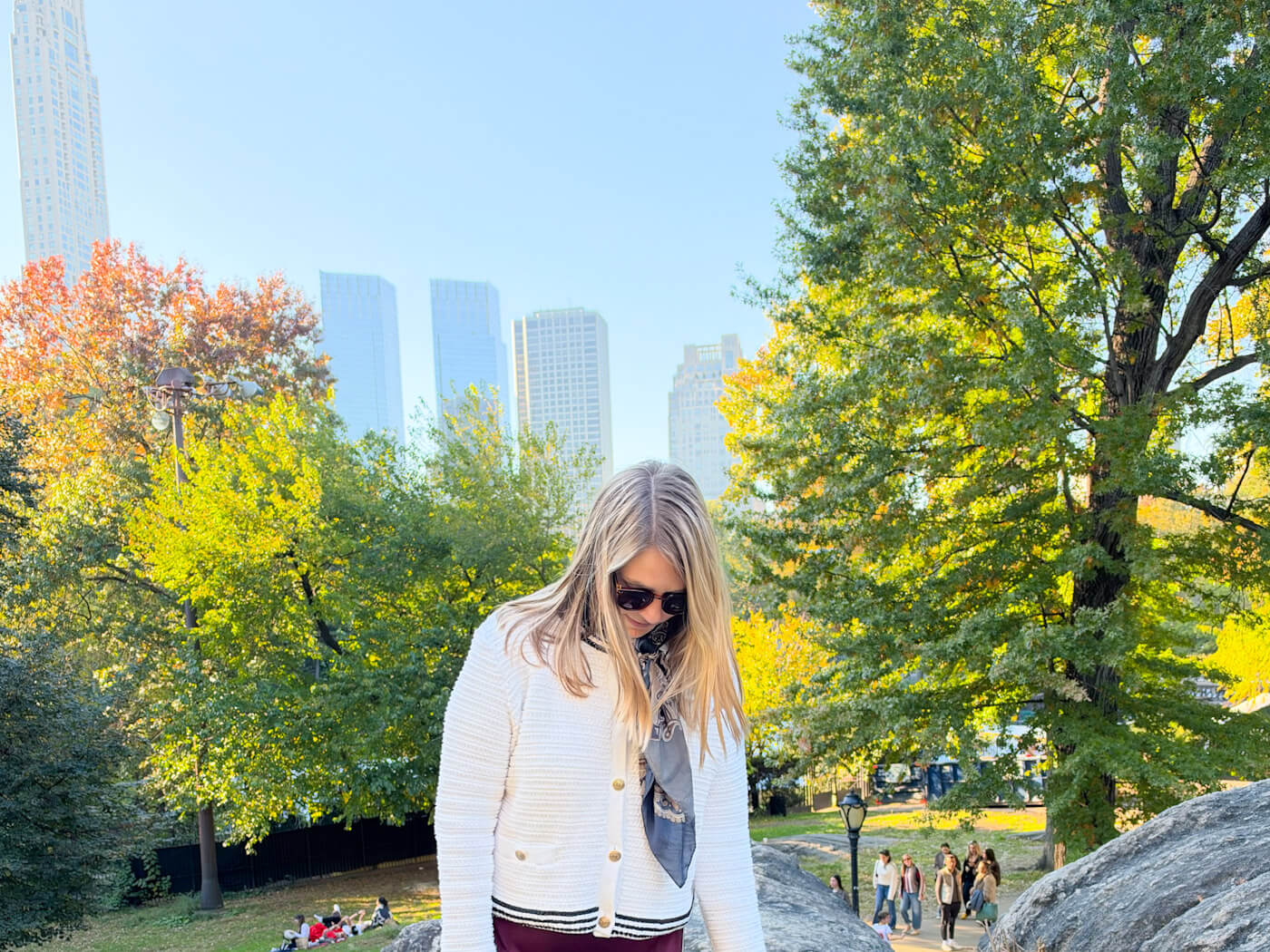 Charlie wearing sunglasses and a white cardigan standing on a rocky outcrop in Central Park with autumn trees and skyscrapers in the background.